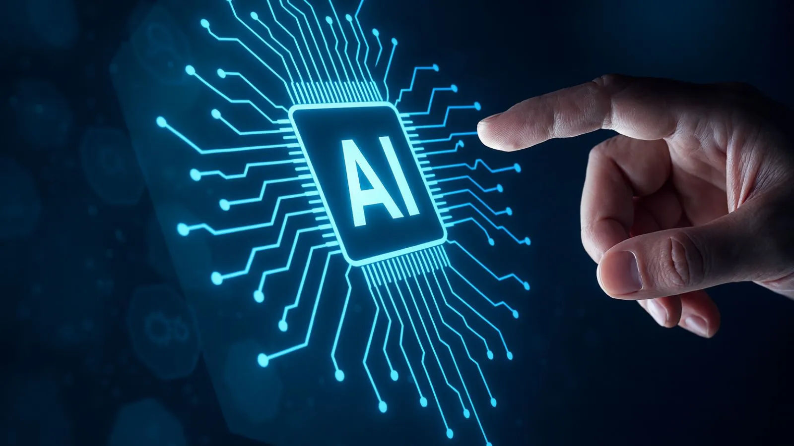 "شريحة إلكترونية مضيئة تحمل شعار AI تمثل مستقبل تطبيقات الذكاء الاصطناعي 2025"