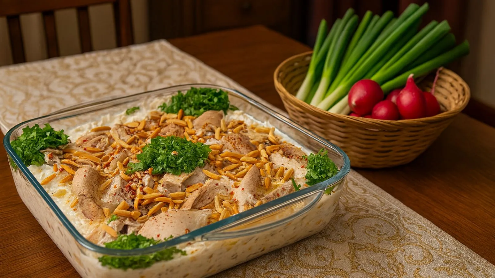 فتة دجاج الشامية في وعاء معدني فاخر مع المكسرات والورود الزرقاء على الطاولة