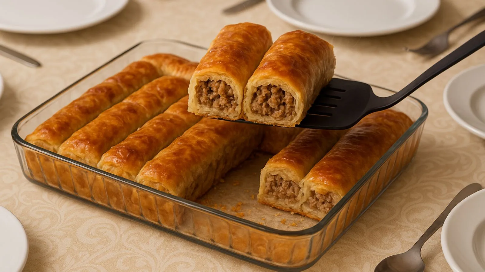 صينية جلاش باللحمة المفرومة على سفرة الطعام مع رفع قطعتين وظهور الفراغ في الصينية.