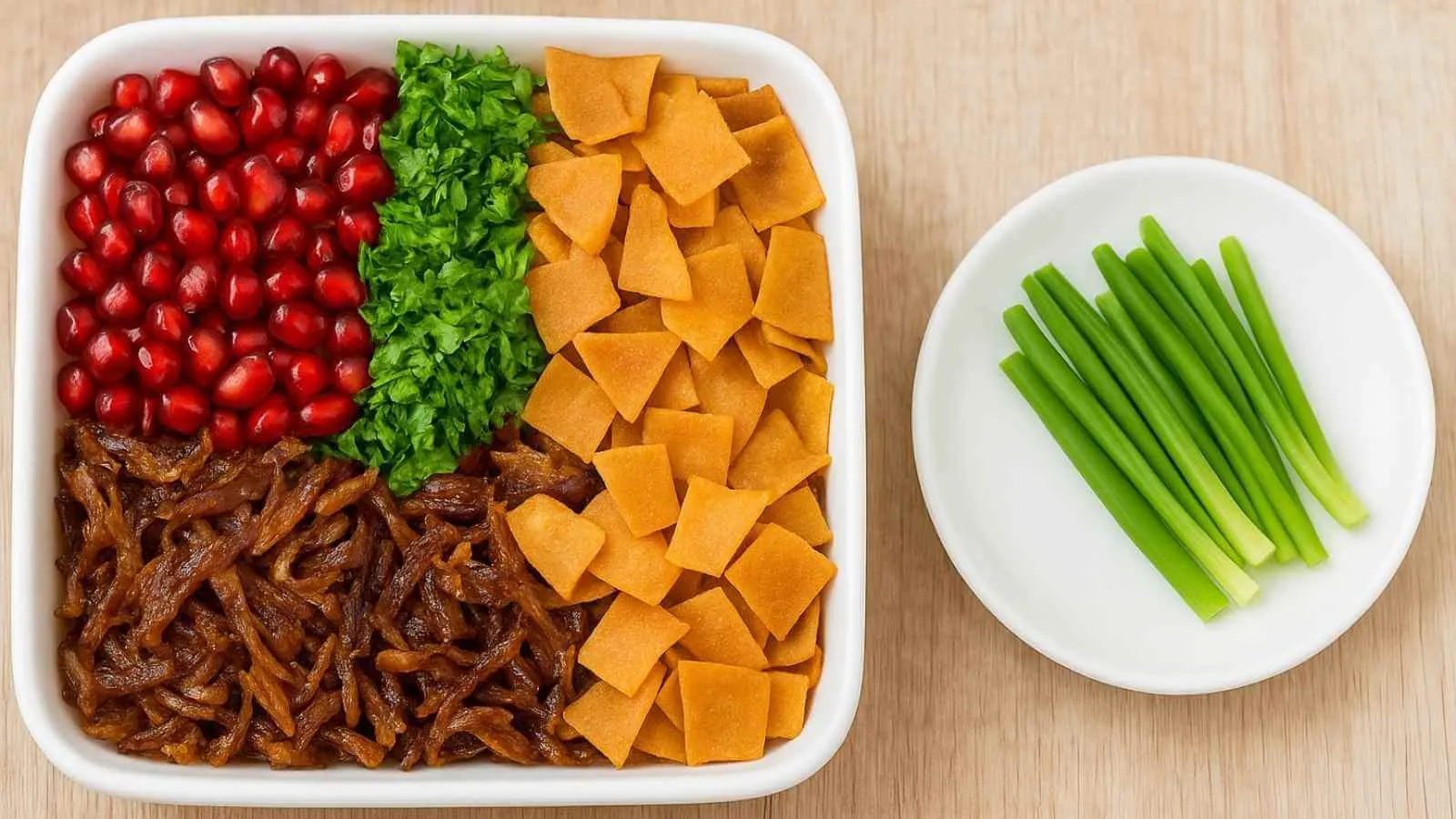 حراق اصبعو سوري في وعاء أبيض مزين بالرمان والخبز المقلي والبصل المحمر