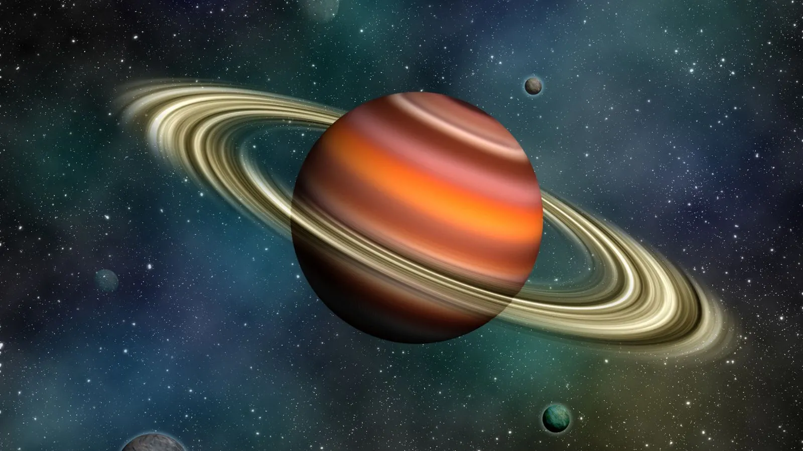 صورة فنية لكوكب زحل بألوان برتقالية وخضراء وحلقات ذهبية وسط الفضاء