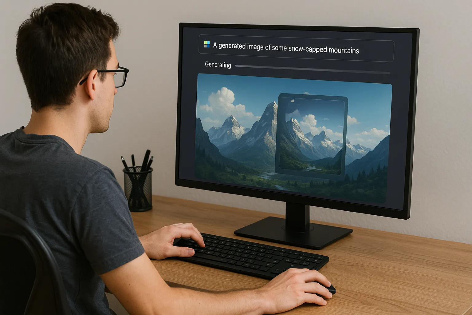 مستخدم يشاهد مراحل توليد صورة طبيعية على شاشة مكتبية – أفضل أدوات AI للصور 2025