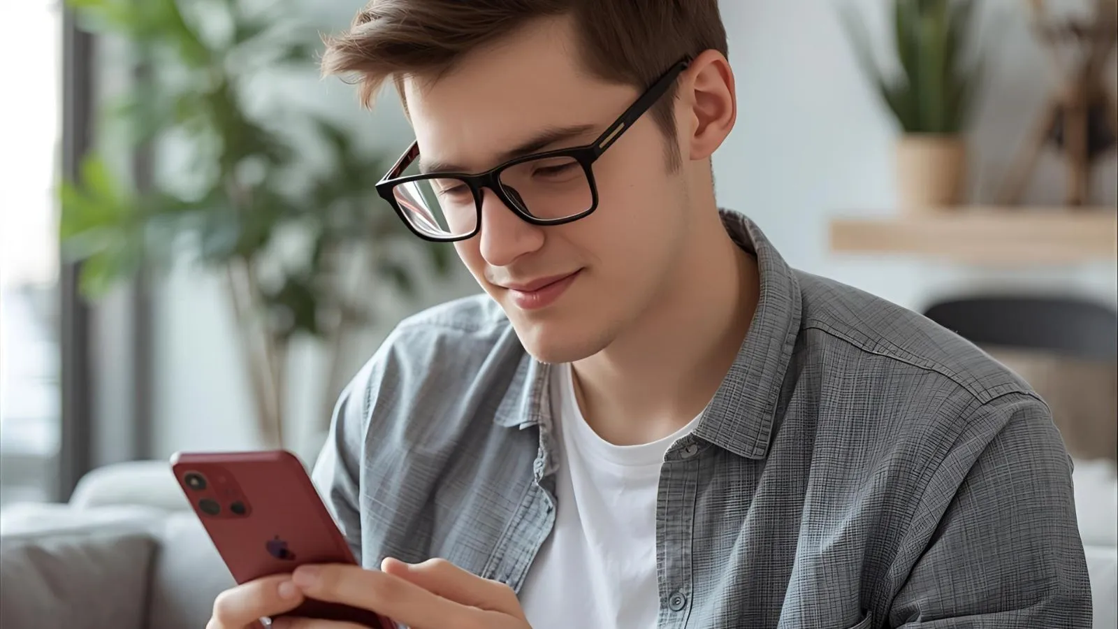 شاب يتعلم لغة بالذكاء الاصطناعي عبر تطبيق تعليمي على الهاتف الذكي لتحسين النطق والمحادثة.