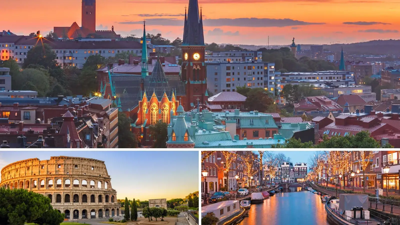 كولاج يضم مدينة شمالية عند الغروب والكولوسيوم في روما وقنوات أمستردام — مدن أوروبية مناسبة للميزانيات المحدودة 2025