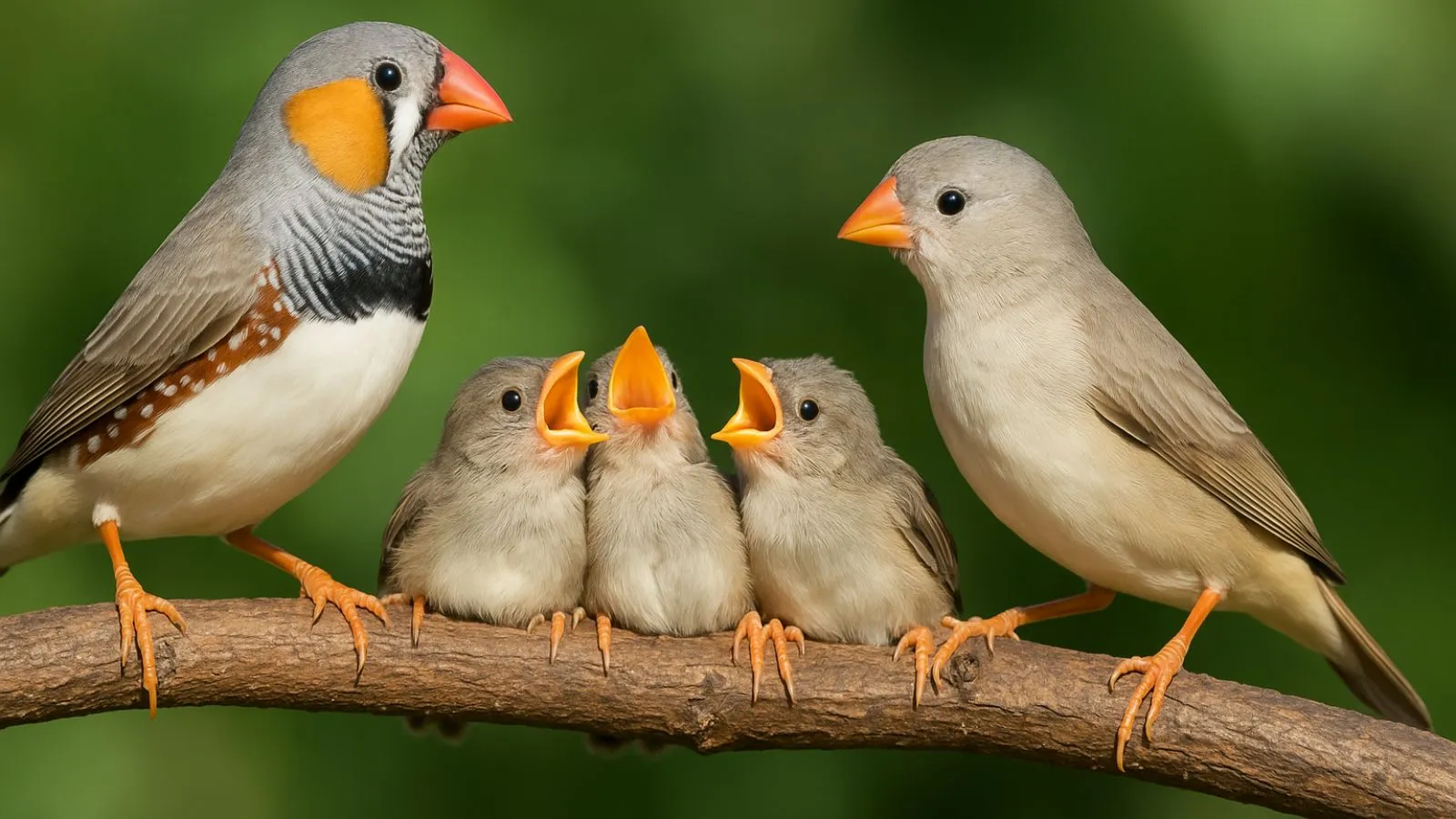 عائلة من طيور الجنة تضم ذكرًا وأنثى وثلاثة فراخ صغيرة